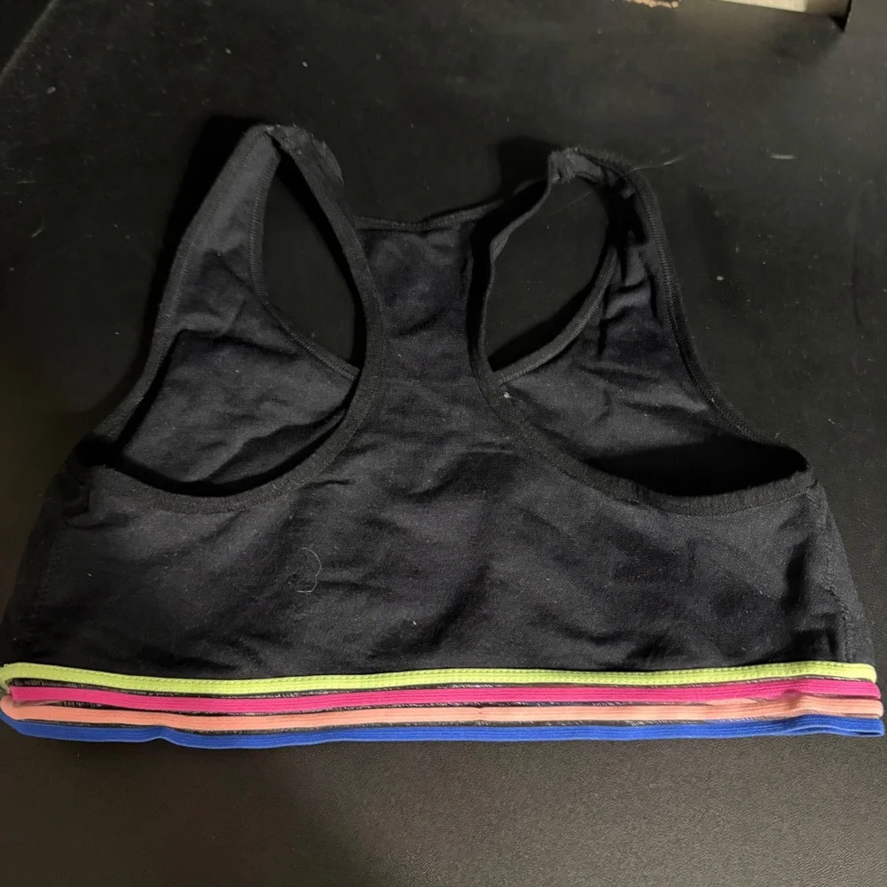 Justice Sports Bra Girls 36 Black Rainbow‎ Striped Elastic Racerback Heart Logo